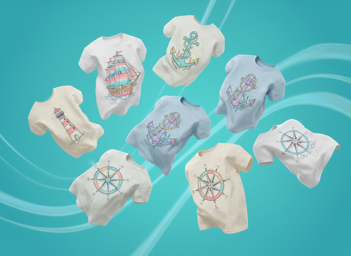 An arrangement of t-shirts in motion, as if gently tossed into the air, each displaying a unique, hand-drawn nautical element like ships, anchors, and wind roses in luminous, pastel colors. The shirts are captured mid-flight against a bright, solid teal background with whimsical wave patterns. Bold, even studio lighting ensures sharp detail and vivid color, creating sparkling highlights along the gently curving fabric. The dynamic composition features a wide perspective and playful sense of movement, evoking excitement and energy. The photographic style, with clean lines and rounded forms, reinforces the lighthearted, optimistic atmosphere of the t-shirt store with a purpose.