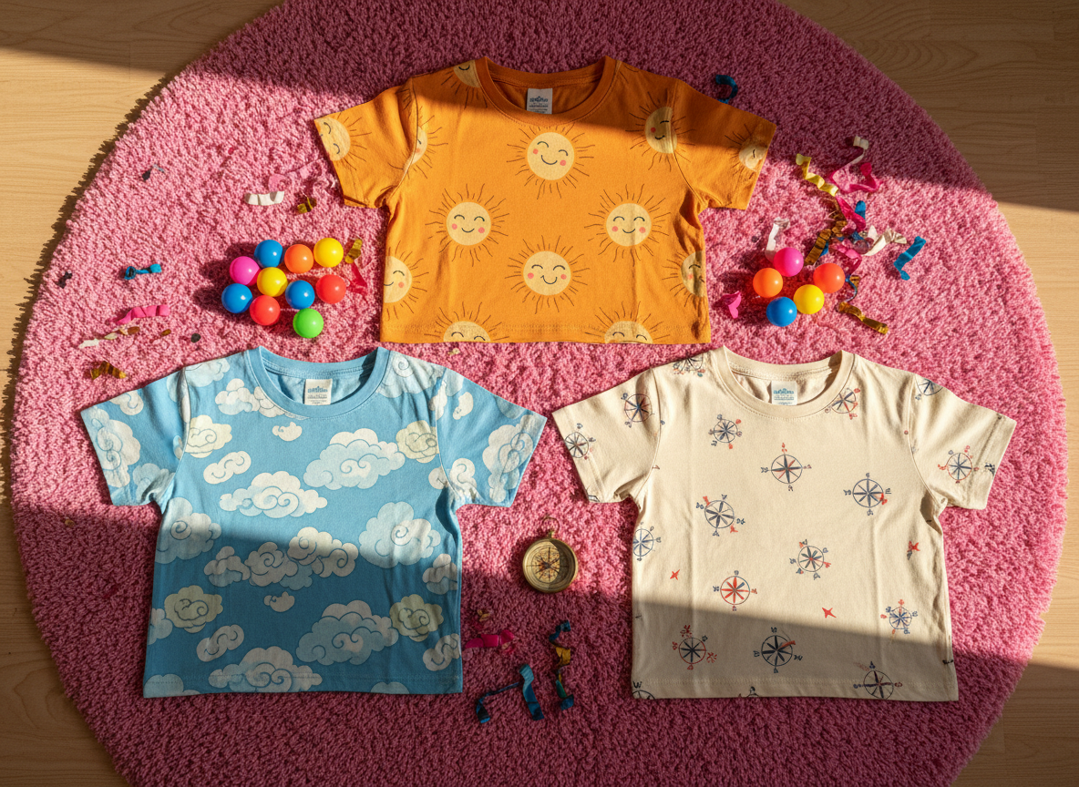 A detailed flat lay of three t-shirts spread across a circular, soft pink rug, each shirt showcasing a distinct, joyful pattern—one with swirling clouds, another with radiant suns, and the third with quirky compass stamps. Around the shirts are playful props: a small, vintage brass compass, colorful rubber balls, and a scattering of faux confetti. Warm afternoon sunlight streams from the side, creating playful shadows and highlighting the textures of both cotton fabric and props. Photography is from a bird’s eye view, with a vivid, saturated color palette, emphasizing the energetic and charitable spirit of the brand in a fun, approachable style.