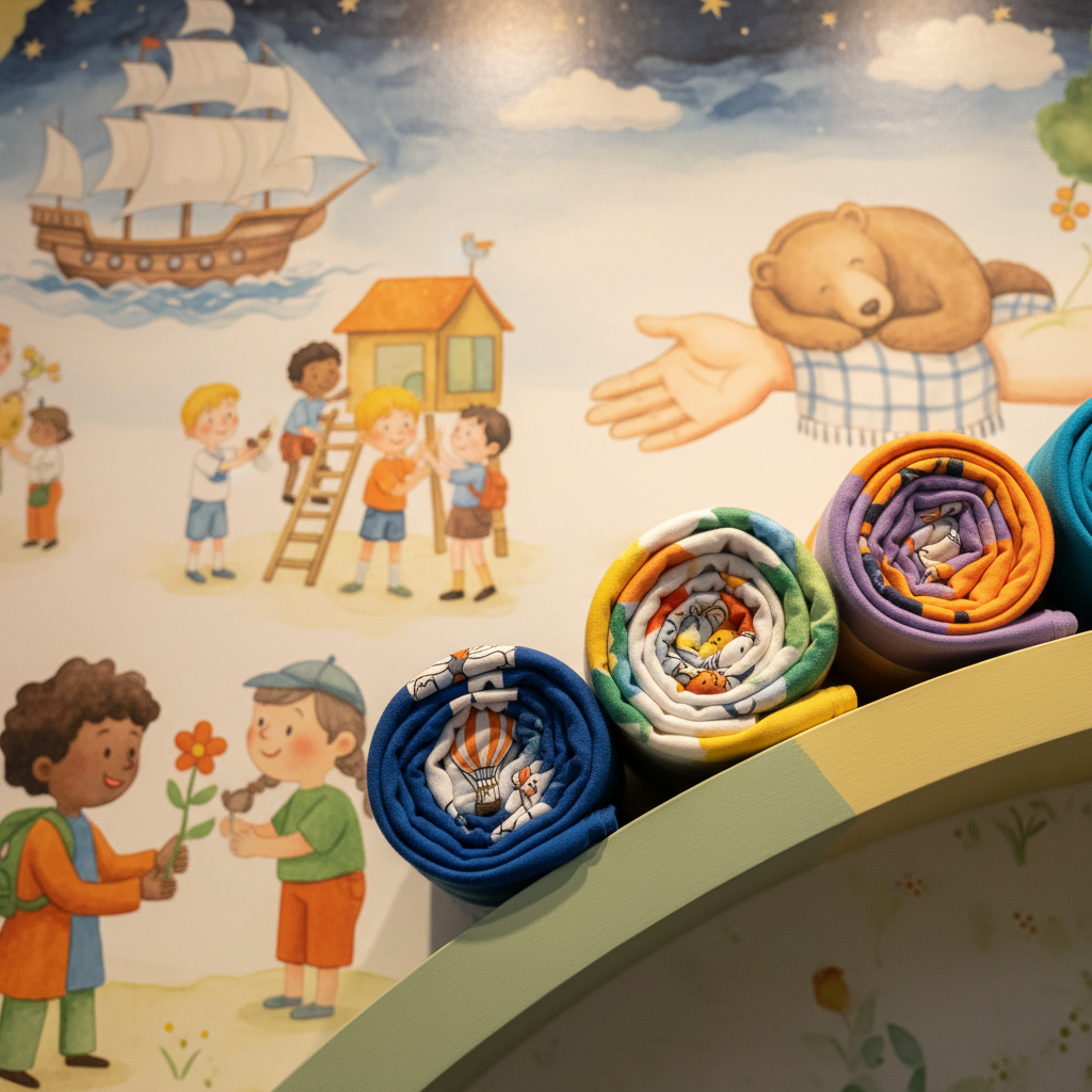 A shelf display of rolled, vividly colored t-shirts arranged in a semi-circular pattern, each with a peek of their imaginative, whimsical prints visible. The shelf is softly curved, crafted from smooth, painted wood in pastel greens and yellows, set against a backdrop of oversized mural art depicting adventurous voyages and caring gestures. Soft, warm overhead lighting bathes the display in a gentle glow, making the colors pop while maintaining a soft photographic feel. Framed with the rule of thirds and sharp focus on the playful shirt patterns, the image is welcoming, dynamic, and perfectly reflects the playful, generous brand ethos.