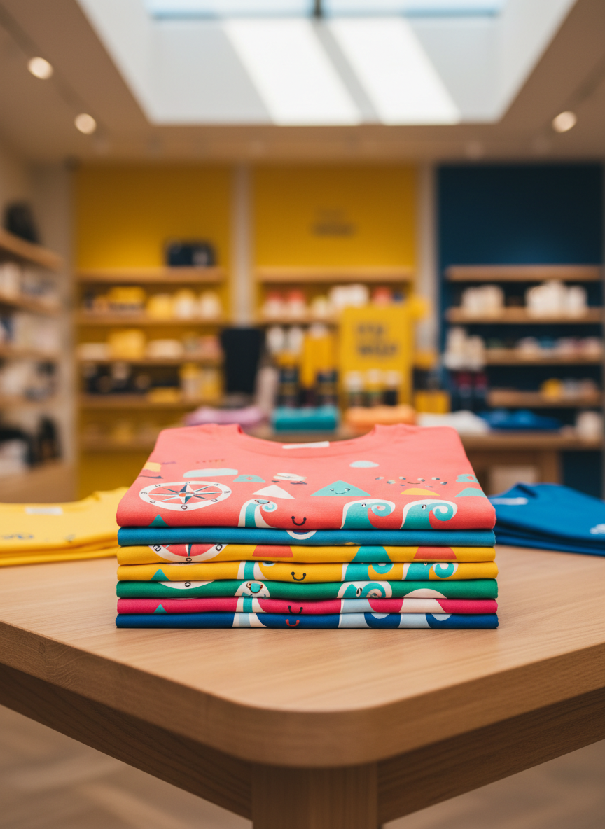 A stack of brightly colored, neatly folded cotton t-shirts with whimsical graphic prints—such as playful compasses, lively waves, and cheerful abstract shapes—on the topmost shirt. The stack sits atop a light wood display table with rounded edges, against a softly blurred background of vibrant store shelves in sunny yellows and energetic blues. Diffused, natural daylight from a skylight above highlights the saturated colors and smooth fabrics, casting soft shadows and subtle reflections on the tabletop. The atmosphere is upbeat and inviting, with a centered, slightly elevated camera angle and sharp focus on the shirt designs. The photographic realism and energetic composition embody a playful, modern retail environment for a creative t-shirt store.